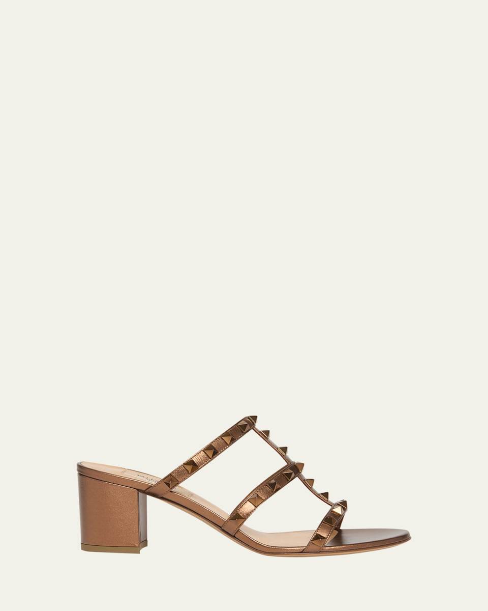 Rockstud Caged Metallic Leather Slide Sandals
